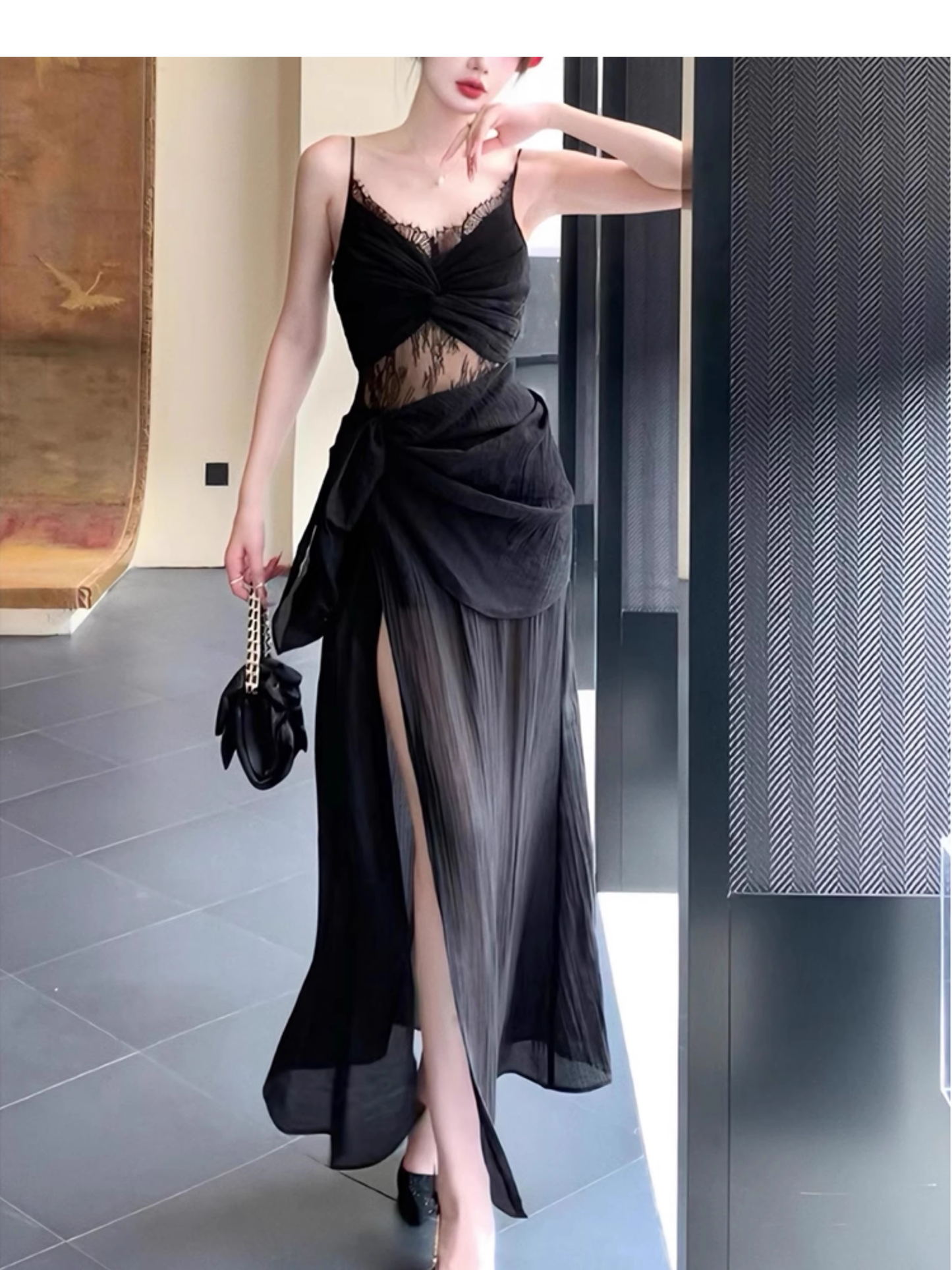 Sexy Lace Fuchsia Prom Dress Slit Pleated Party Dress YM1699