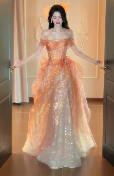 Sparkly Orange Tulle Tiered Puffy Strapless A-Line Long Prom Dress Birthday Dress Ball Gown YM2687
