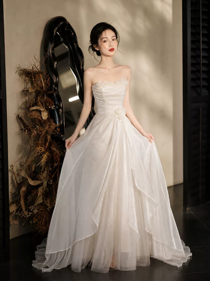 Flowy White Tulle Applique Strapless A-Line Maxi Prom Dress Birthday Dress Ball Gown YM2697