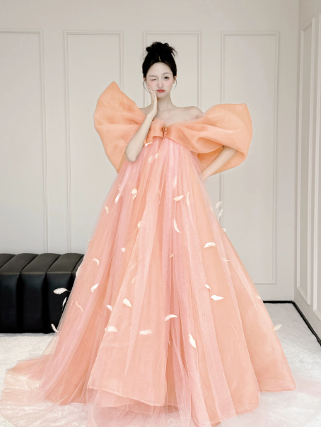 Princess Flowy Orange Tulle Hazy Strapless A-Line Long Prom Dress Birthday Dress Ball Gown YM2693