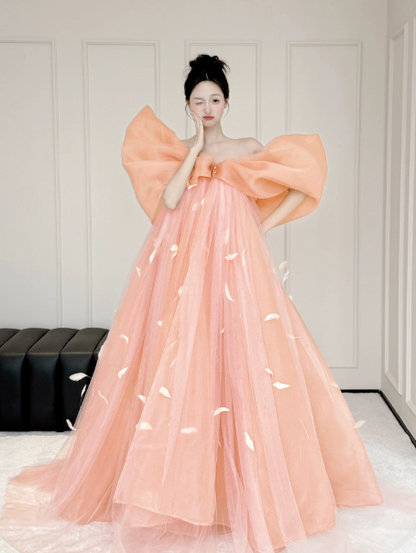 Princess Flowy Orange Tulle Hazy Strapless A-Line Long Prom Dress Birthday Dress Ball Gown YM2693