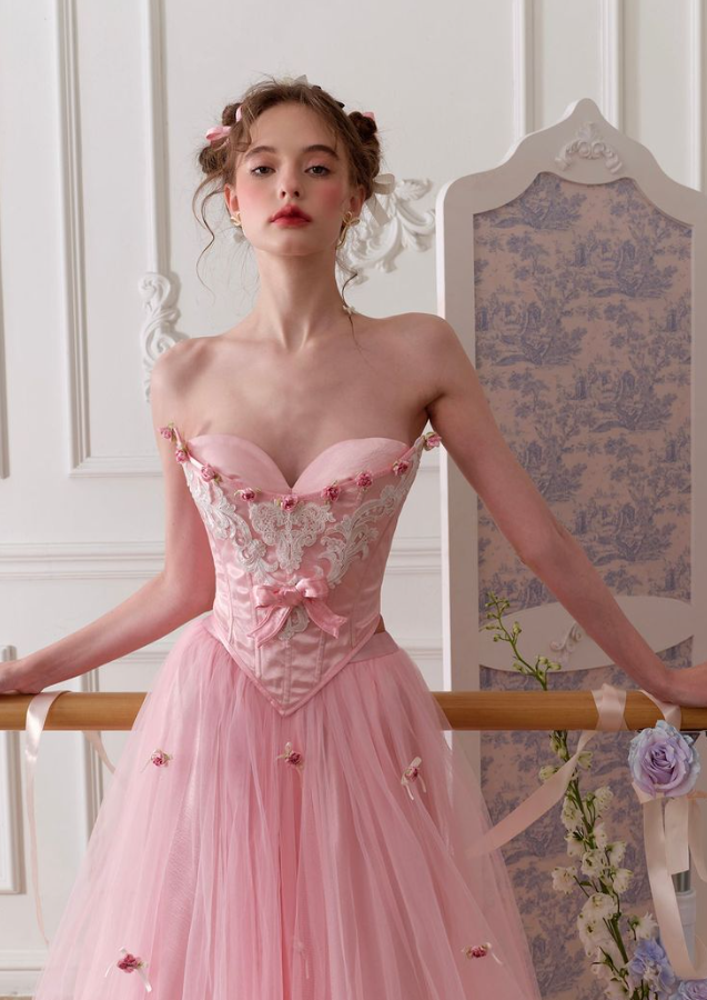 Elegant Blush Pink Embroidered Puffy Sweetheart A-Line Long Prom Dress Birthday Dress YM2614
