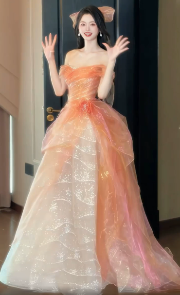 Sparkly Orange Tulle Tiered Puffy Strapless A-Line Long Prom Dress Birthday Dress Ball Gown YM2687