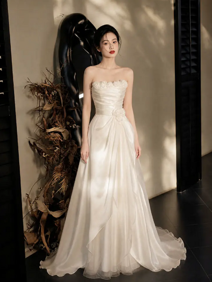 Flowy White Tulle Applique Strapless A-Line Maxi Prom Dress Birthday Dress Ball Gown YM2697