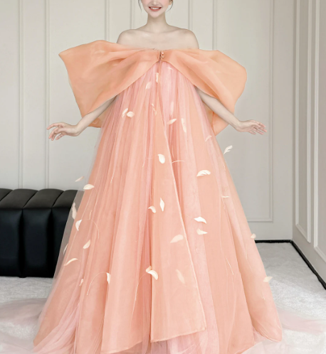 Princess Flowy Orange Tulle Hazy Strapless A-Line Long Prom Dress Birthday Dress Ball Gown YM2693