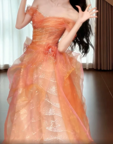 Sparkly Orange Tulle Tiered Puffy Strapless A-Line Long Prom Dress Birthday Dress Ball Gown YM2687