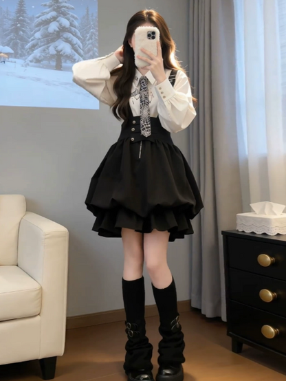 College Style Black and White Puffy Waist Fitted A-Line Mini Women Dress Holiday Dress YM2717
