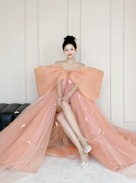 Princess Flowy Orange Tulle Hazy Strapless A-Line Long Prom Dress Birthday Dress Ball Gown YM2693