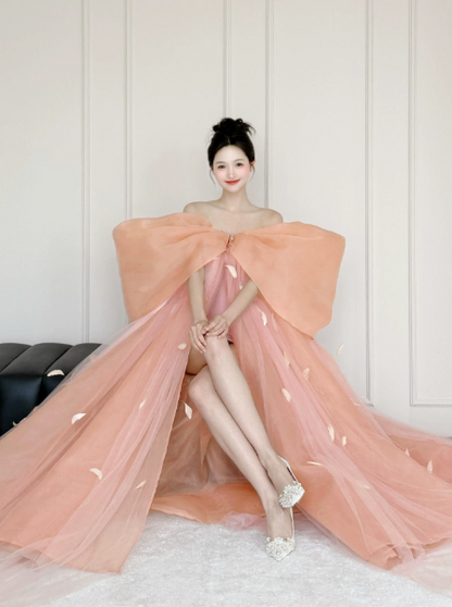 Princess Flowy Orange Tulle Hazy Strapless A-Line Long Prom Dress Birthday Dress Ball Gown YM2693