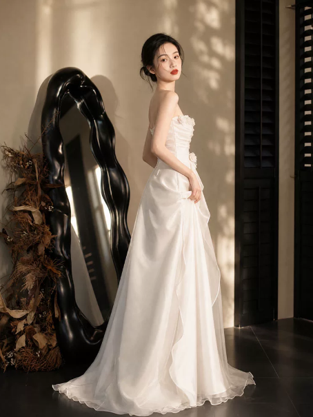 Flowy White Tulle Applique Strapless A-Line Maxi Prom Dress Birthday Dress Ball Gown YM2697