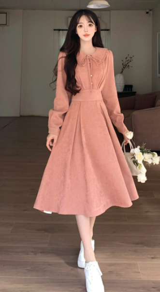 Girlish Pink Princess Style Waist Fitted Jewel A-Line Midi Women Dress Holiday Dress YM2716