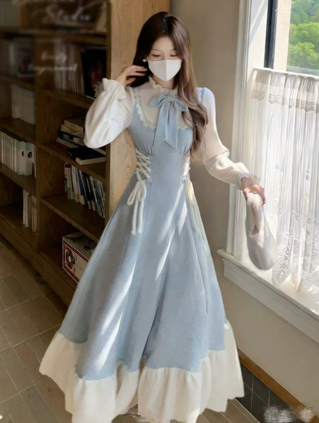 CLean Pale Blue Patchwork Flowy High Collar A-Line Maxi Women Dress Holiday Dress YM2740