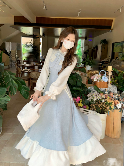 CLean Pale Blue Patchwork Flowy High Collar A-Line Maxi Women Dress Holiday Dress YM2740