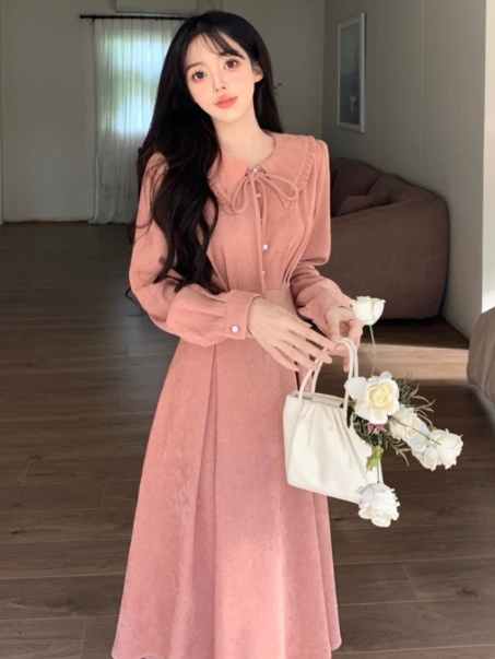 Girlish Pink Princess Style Waist Fitted Jewel A-Line Midi Women Dress Holiday Dress YM2716