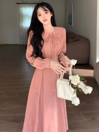 Girlish Pink Princess Style Waist Fitted Jewel A-Line Midi Women Dress Holiday Dress YM2716