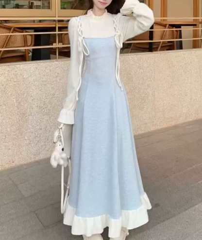 CLean Pale Blue Patchwork Flowy High Collar A-Line Maxi Women Dress Holiday Dress YM2740