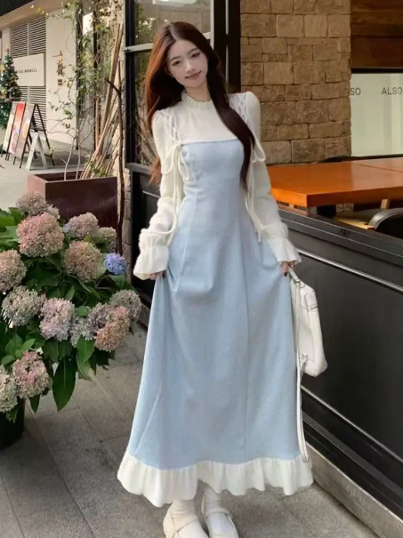 CLean Pale Blue Patchwork Flowy High Collar A-Line Maxi Women Dress Holiday Dress YM2740