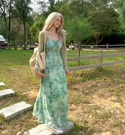 Fresh Gradient Green  Floral Flowy Spaghetti Straps A-Line Maxi Women Dress Holiday Dress YM2727