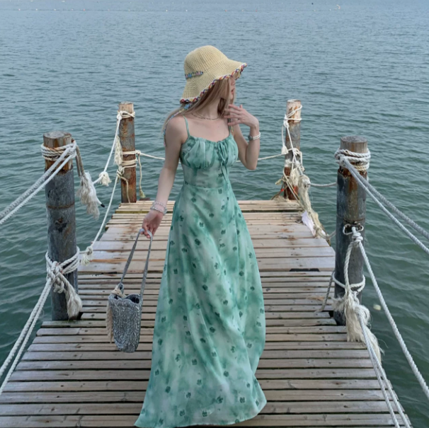 Fresh Gradient Green  Floral Flowy Spaghetti Straps A-Line Maxi Women Dress Holiday Dress YM2727