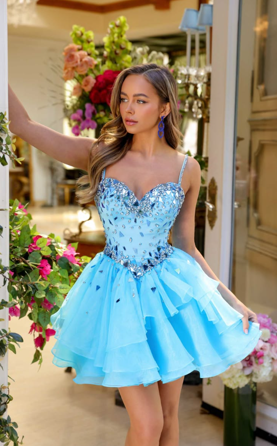 Pretty Baby Blue Beaded Ruffled Spaghetti Straps A-Line Short Prom Dress Cocktail Dress YM2542