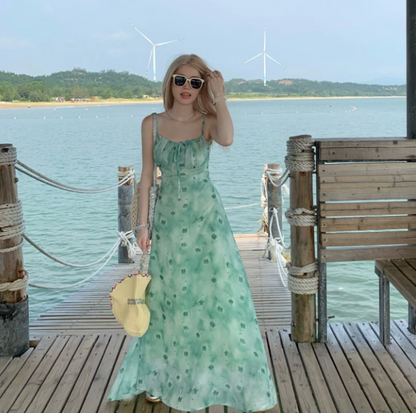 Fresh Gradient Green  Floral Flowy Spaghetti Straps A-Line Maxi Women Dress Holiday Dress YM2727