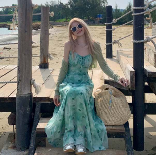Fresh Gradient Green  Floral Flowy Spaghetti Straps A-Line Maxi Women Dress Holiday Dress YM2727
