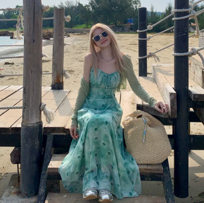 Fresh Gradient Green  Floral Flowy Spaghetti Straps A-Line Maxi Women Dress Holiday Dress YM2727