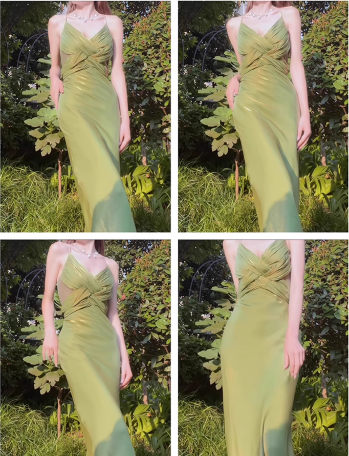 Green Suspender Evening Dress French Style Slim Green Party Dress YM1695
