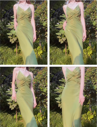 Green Suspender Evening Dress French Style Slim Green Party Dress YM1695