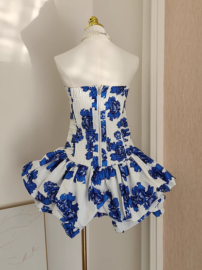 Blue Printed Floral Strapless Mini Party Dress Birthday Outfits YM2100