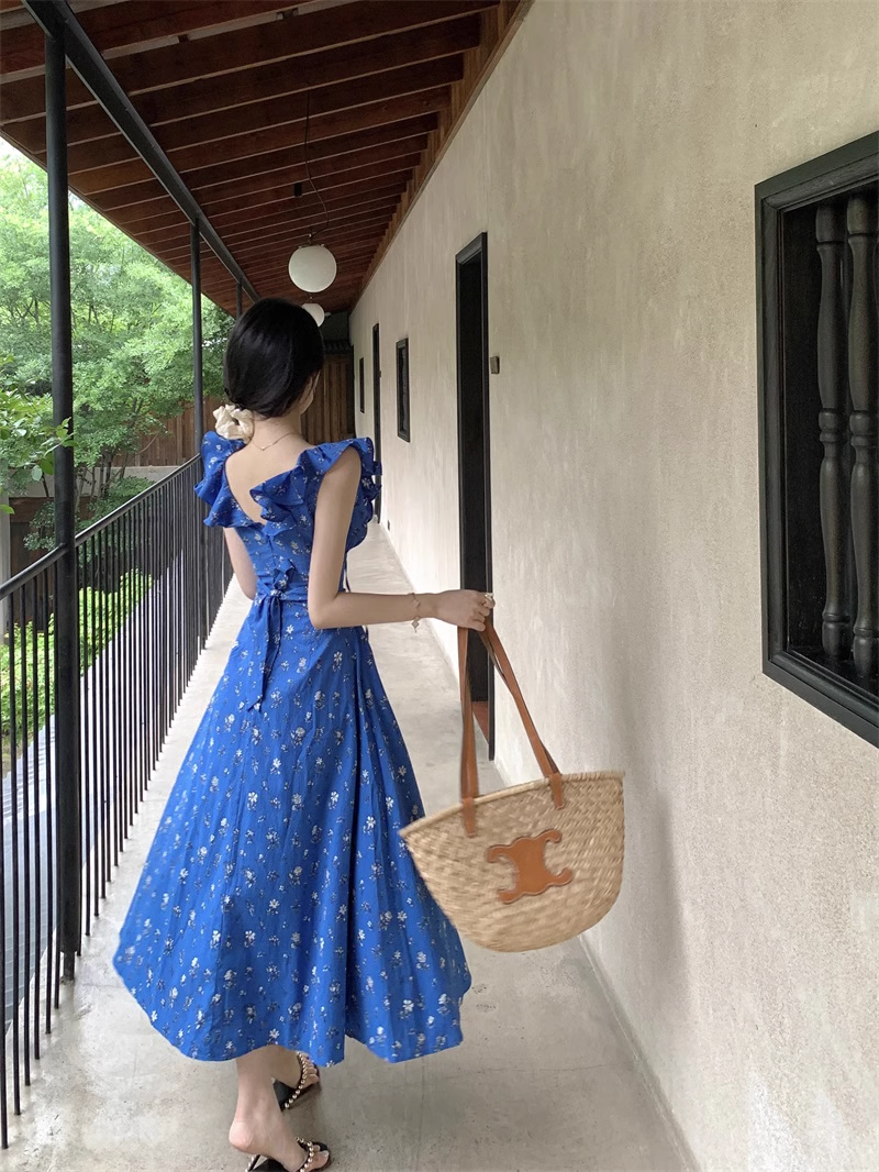 Blue Floral V Neak A Line Party Dress YM1834