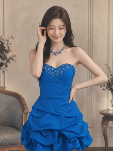 Dreamy Navy Pleated Beaded Sweetheart A-Line Short Prom Dress Party Dress YM2533