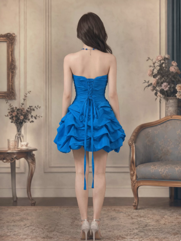 Dreamy Navy Pleated Beaded Sweetheart A-Line Short Prom Dress Party Dress YM2533