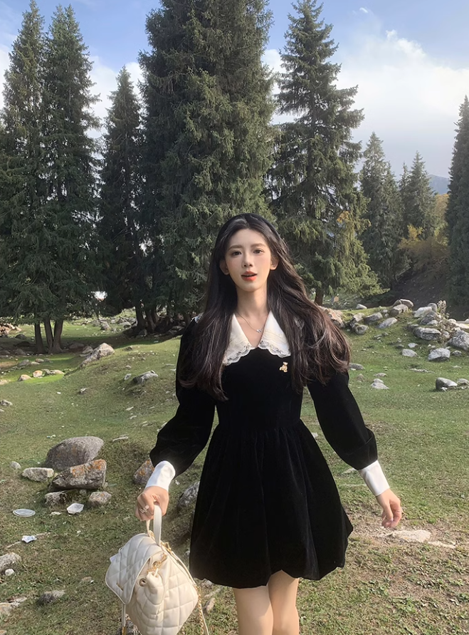 Long Sleeve Velvet Waist Slim Dress For Women Black Princess Mini Dress YM1743