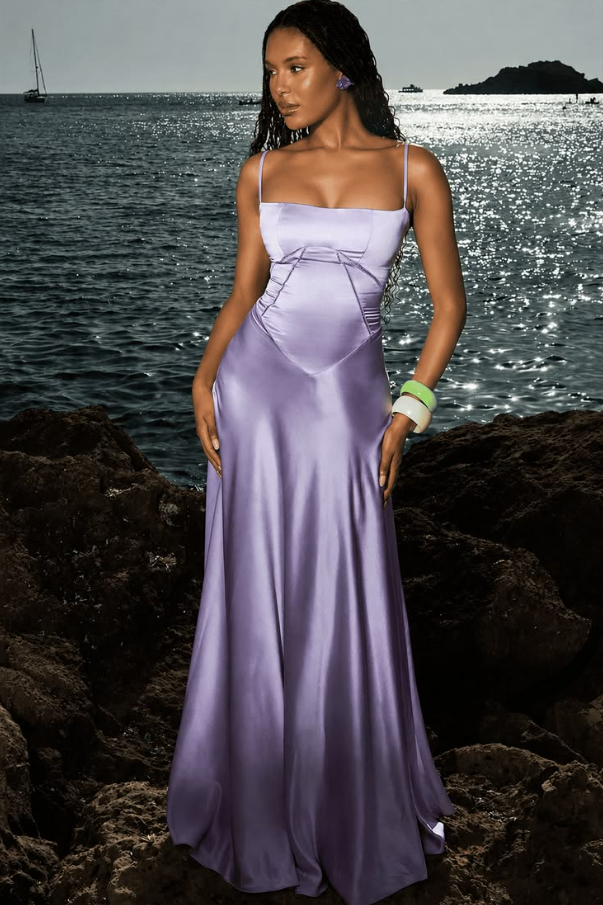 Stunning Lavender Satin Silky Spaghetti Straps A-Line Long Prom Dress Birthday Dress YM2578