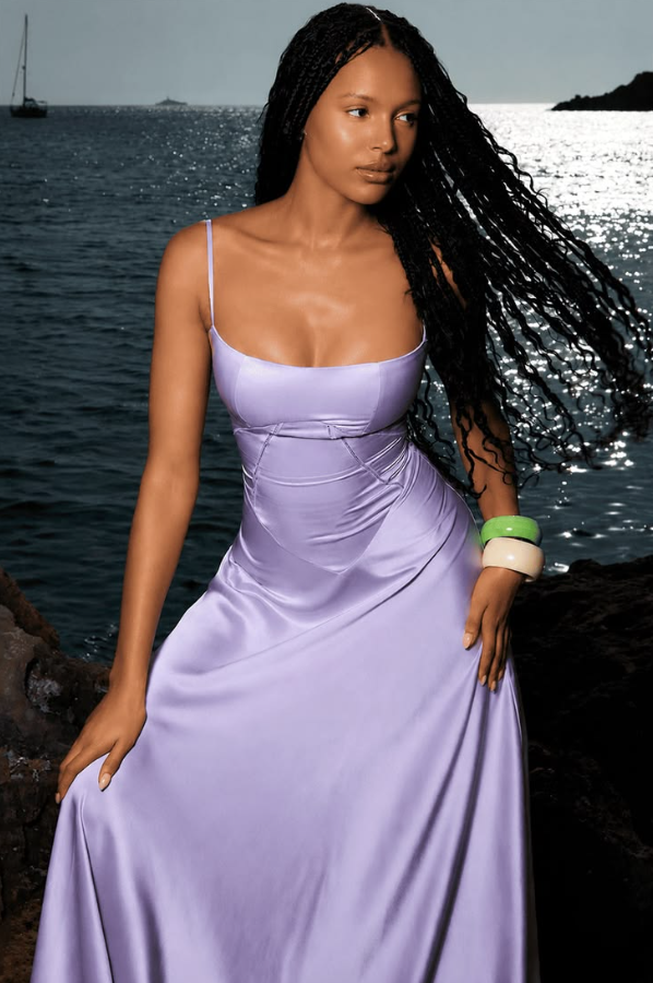 Stunning Lavender Satin Silky Spaghetti Straps A-Line Long Prom Dress Birthday Dress YM2578