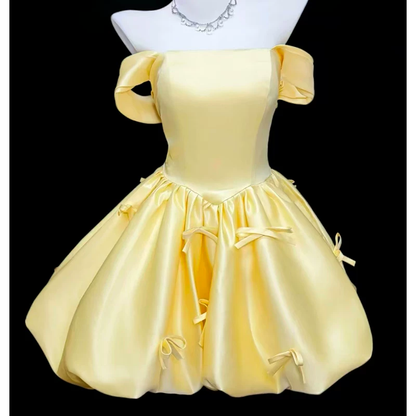 Cute Yellow Off The Shoulder Satin A Line Short Birthday Dress Vacation Dress YM2458
