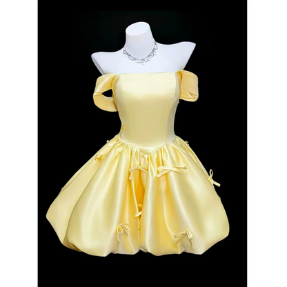 Cute Yellow Off The Shoulder Satin A Line Short Birthday Dress Vacation Dress YM2458