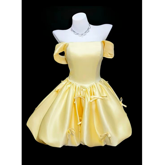 Cute Yellow Off The Shoulder Satin A Line Short Birthday Dress Vacation Dress YM2458