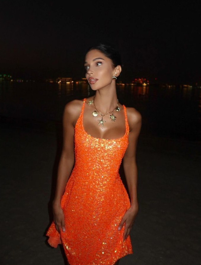 Sparkly Orange Sequins Spaghetti Straps A-Line Short Prom Dress Party Dress YM2534