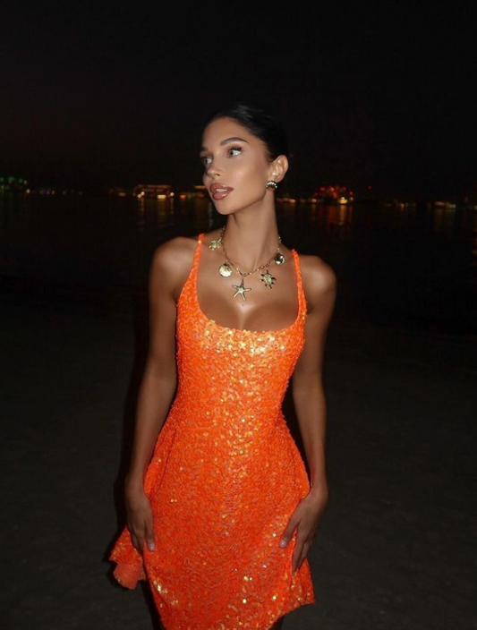 Sparkly Orange Sequins Spaghetti Straps A-Line Short Prom Dress Party Dress YM2534