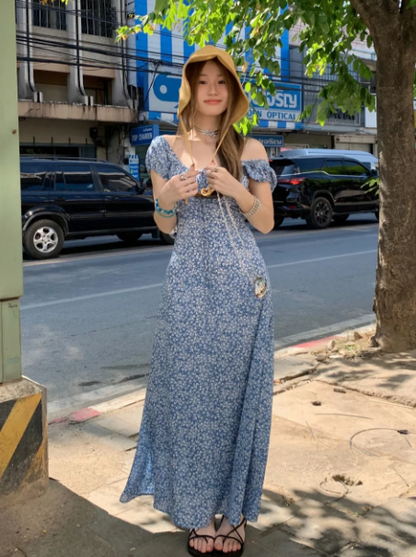 Retro Blue Floral Flowy Portrait A-Line Maxi Women Dress Holiday Dress YM2730