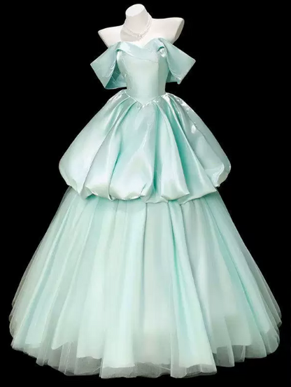 Fresh Mint Green Tiered Off-the-shoulder A-Line Long Prom Dress Birthday Dress YM2634