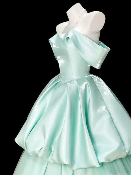 Fresh Mint Green Tiered Off-the-shoulder A-Line Long Prom Dress Birthday Dress YM2634