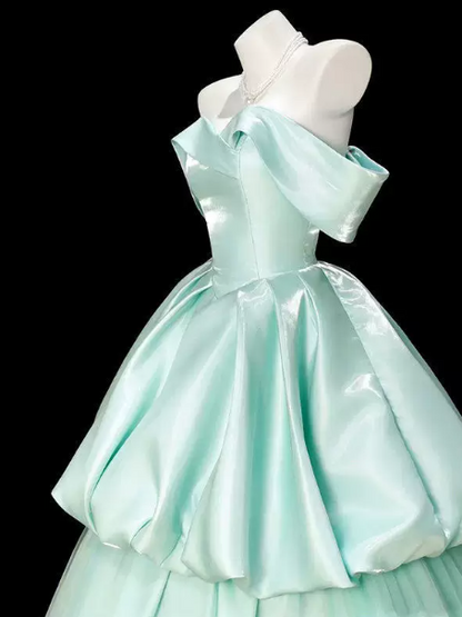 Fresh Mint Green Tiered Off-the-shoulder A-Line Long Prom Dress Birthday Dress YM2634