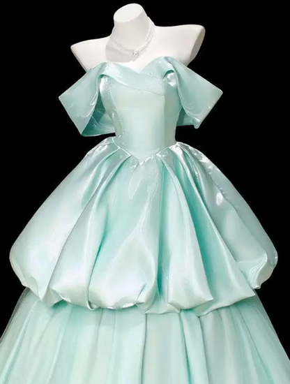 Fresh Mint Green Tiered Off-the-shoulder A-Line Long Prom Dress Birthday Dress YM2634