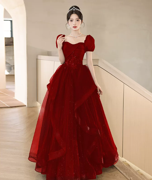 Elegant Burgundy Pleated Tulle Puffy Square-neck A-Line Long Prom Dress Birthday Dress YM2636