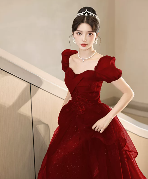 Elegant Burgundy Pleated Tulle Puffy Square-neck A-Line Long Prom Dress Birthday Dress YM2636