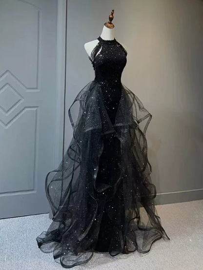 Sparkly Black Sequins Tulle Puffy Halter A-Line Long Prom Dress Birthday Dress YM2637