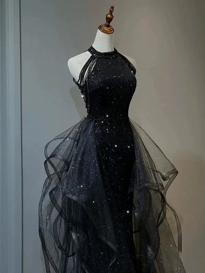 Sparkly Black Sequins Tulle Puffy Halter A-Line Long Prom Dress Birthday Dress YM2637